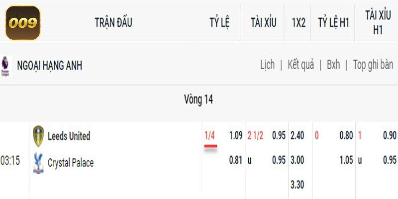 Ví dụ tỷ lệ tài xỉu 1 trái là sao ở trận Leeds vs Crystal Palace